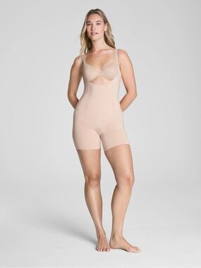 Spanx  Like New! Open-Bust Mid-Thigh Bodysuit - Size M - Soft Nude